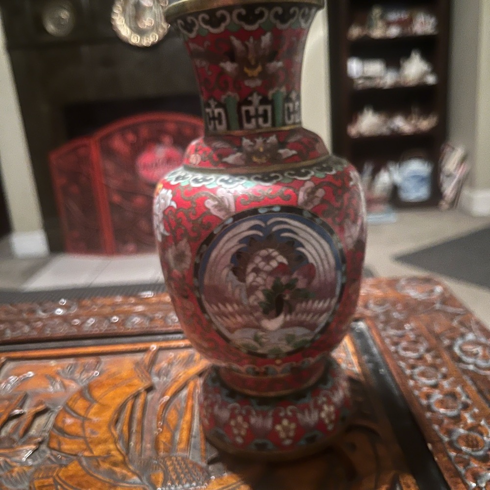 Red Cloisonné Style beautiful Decorative Vase with Multicolor Enamel Accents